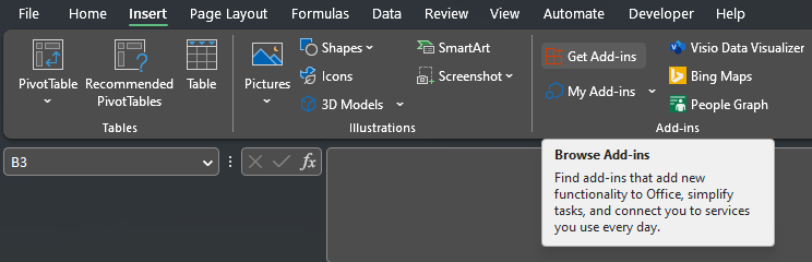 Screenshot of the where to find the Get Add-ins in Excel's Insert ribbon bar