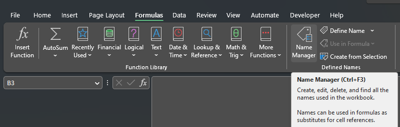 Screenshot of the name manager in the formula ribbon bar